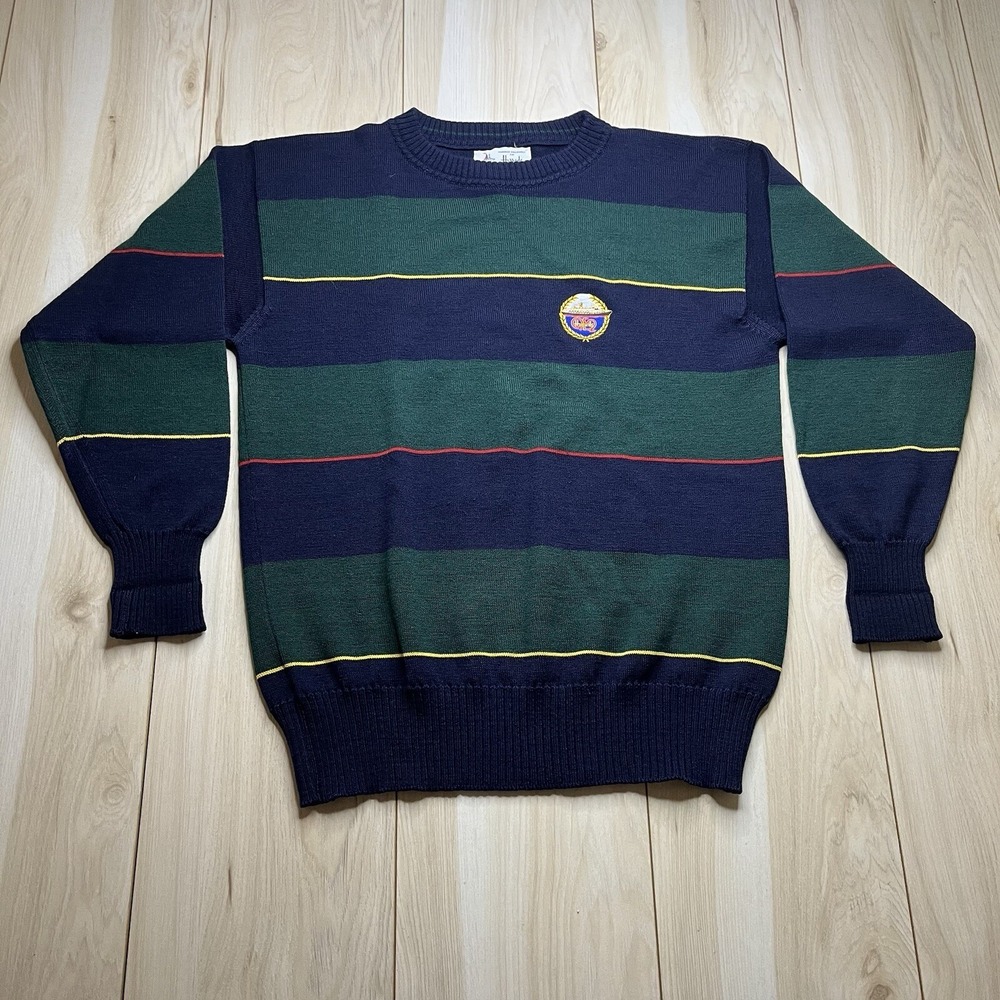 Harrods 100% Wool Sweatshirt QE2 Embroidered Logo Striped Blue Adult Size Small